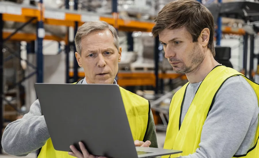 Two men using laptop to conduct warehouse inventory management