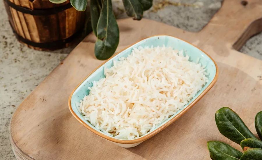 Plate of rice on a cutting board