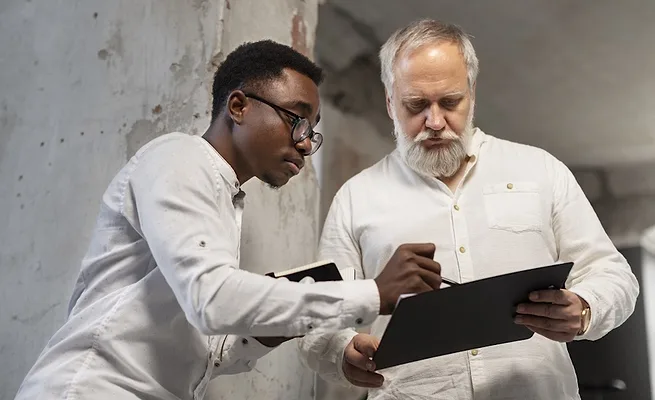 food-safety-inspectors-consulting Two food safety inspectors consulting with each other