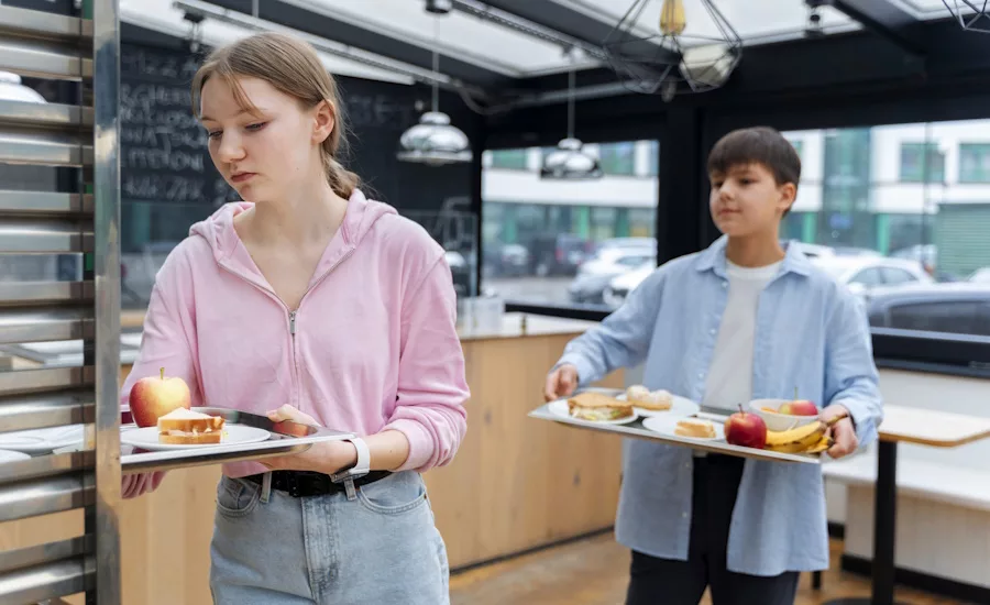 Students returning their lunch trays in a cafeteria