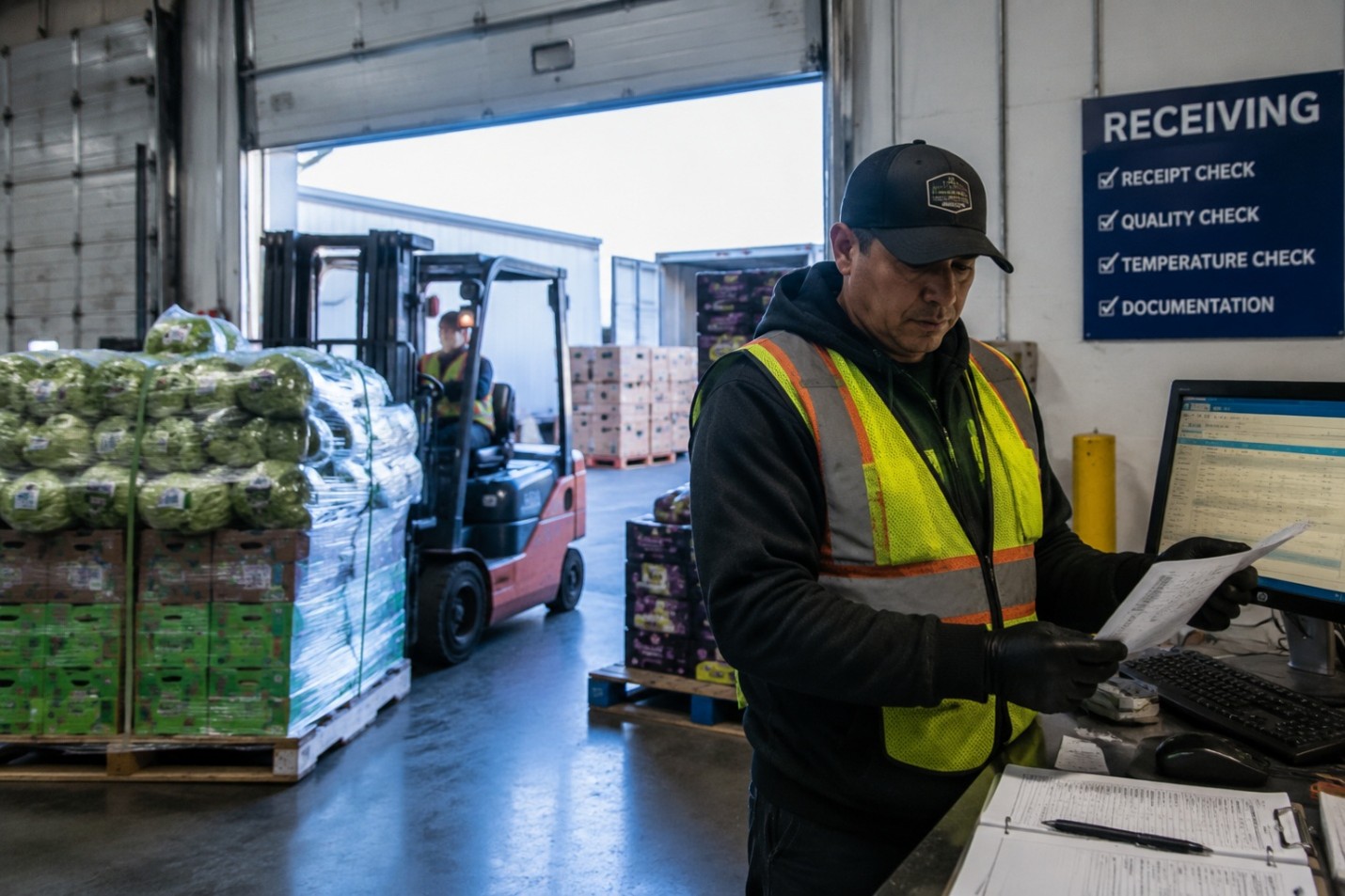person working in lettuce distribution warehouse