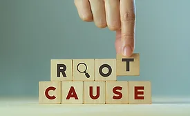 hand placing blocks that say ROOT CAUSE with the first O in ROOT being a magnifying glass
