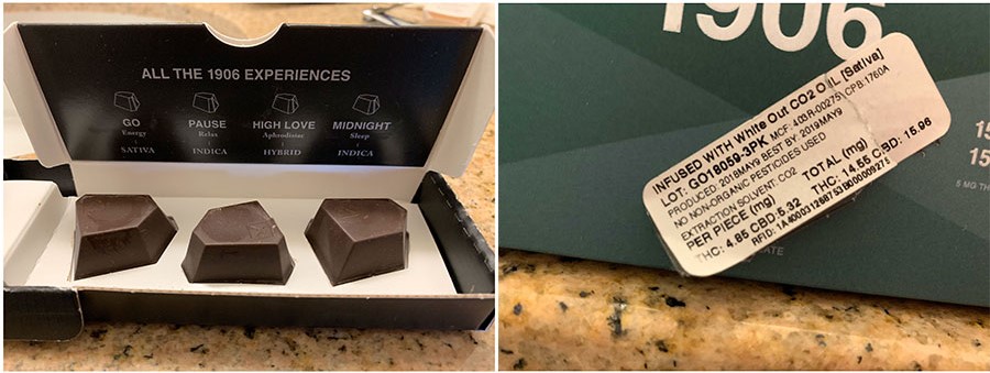 A box of three cannabis-infused chocolates