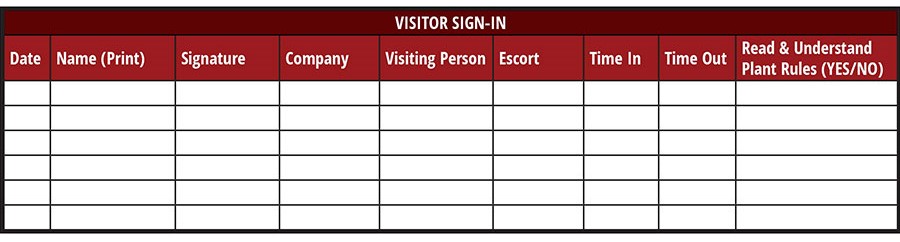 Sample Visitor's Sign-In Form for a Food Processing Facility