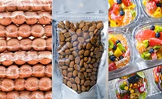 a collage depicting various aspects related to pet food