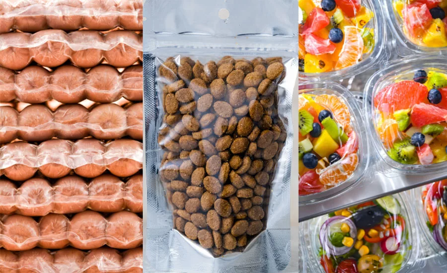 a collage depicting various aspects related to pet food