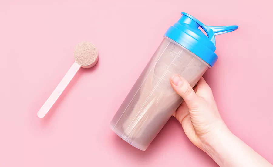 protein powder and a shaker bottle. 