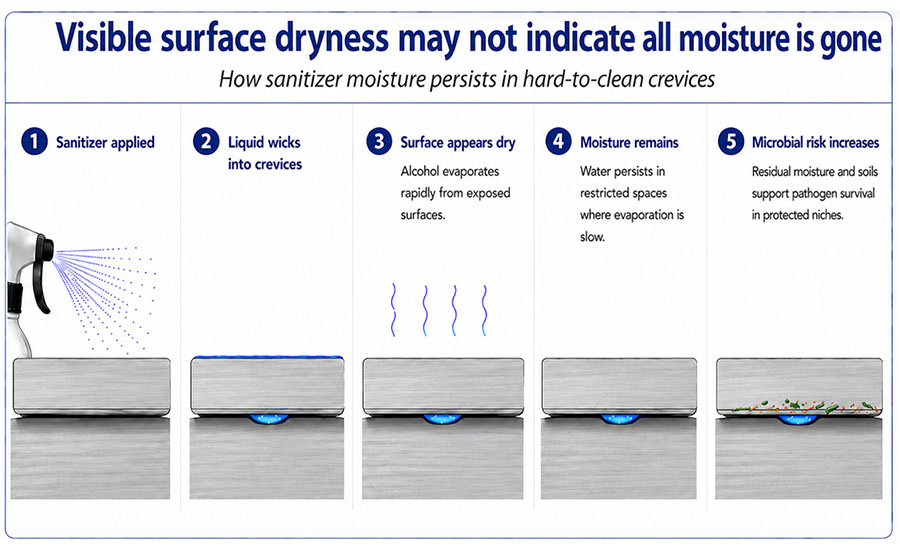 graphic illustrates that visible surface dryness can be misleading because residual moisture and contaminants