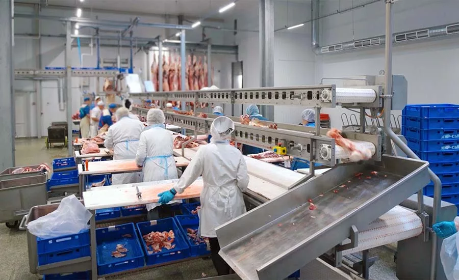 This image depicts a meat processing facility
