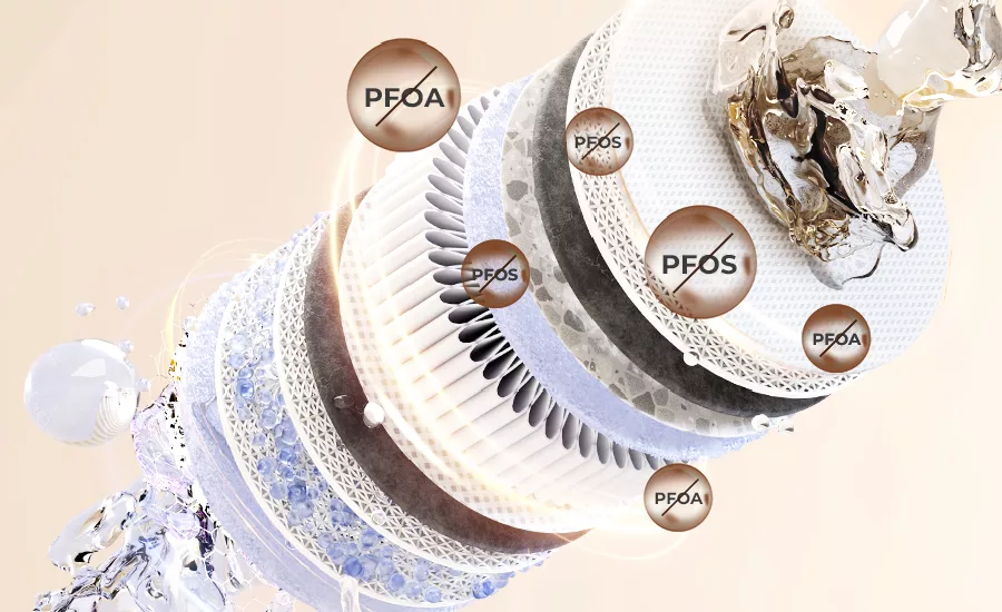 This image displays a multi-stage water filtration system designed to remove contaminants from drinking water.