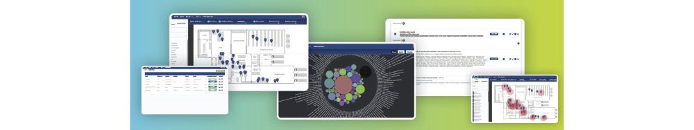  a data dashboard overview layout, featuring modular analytics windows, a central network or node graph, and floor plan monitoring interfaces