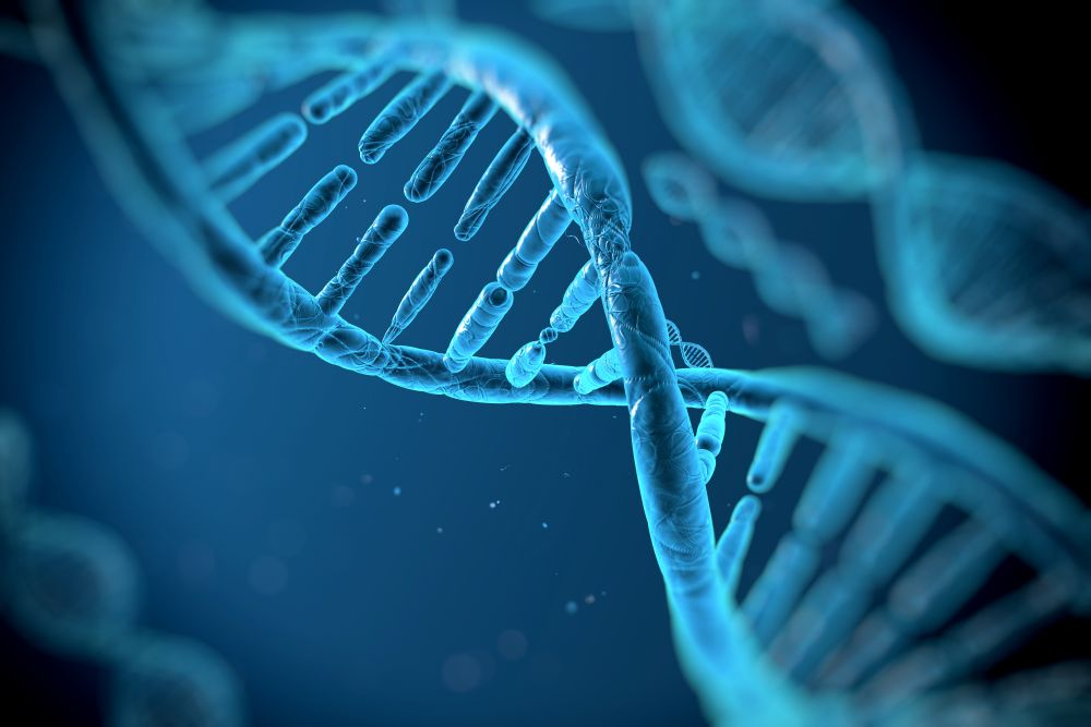 The image shows a glowing blue 3D rendering of a double-helix DNA strand against a dark blue background