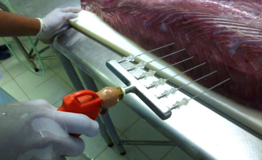 a commercial multi-needle meat and fish injector gun used to pump brine, marinades, or flavor enhancers directly into large cuts of protein