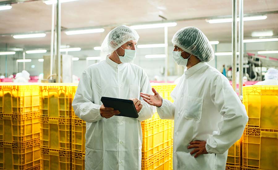 industrial workers wearing sterile white uniforms and face masks in what appears to be a food processing plant