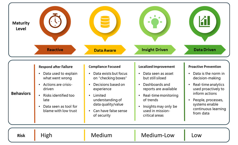 This matrix outlines an organization's Data Maturity Model, highlighting how distinct behaviors dictate risk across different development levels.