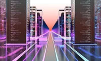This image represents a futuristic data center, a physical infrastructure that houses computer systems and associated components for internet data storage and processing. 