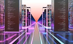 This image represents a futuristic data center, a physical infrastructure that houses computer systems and associated components for internet data storage and processing. 