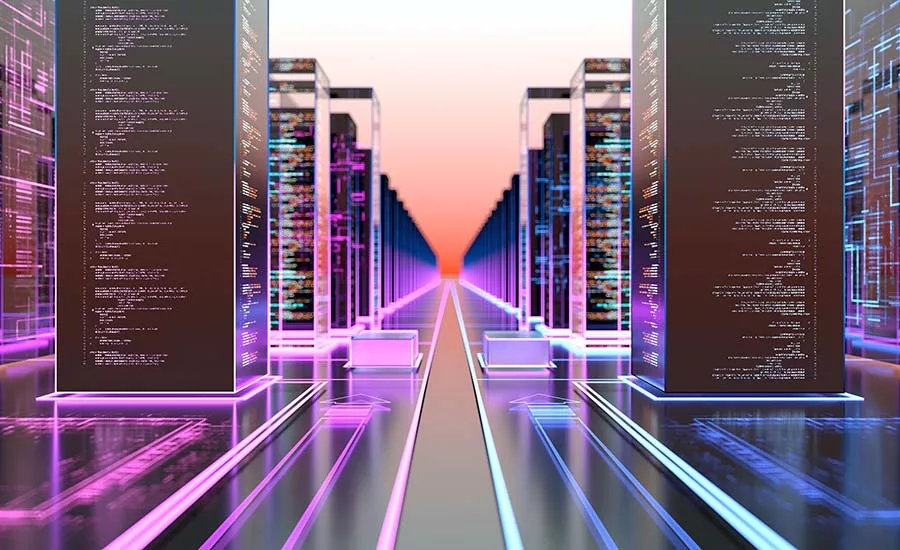 This image represents a futuristic data center, a physical infrastructure that houses computer systems and associated components for internet data storage and processing. 