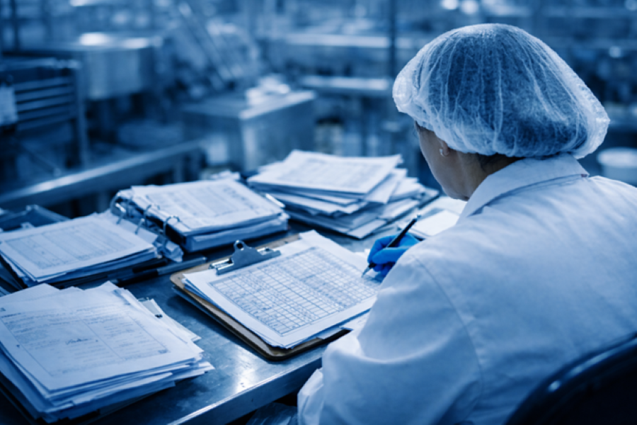 This image depicts a quality control specialist conducting a review of documents within a manufacturing environment, likely in the food production industry. 