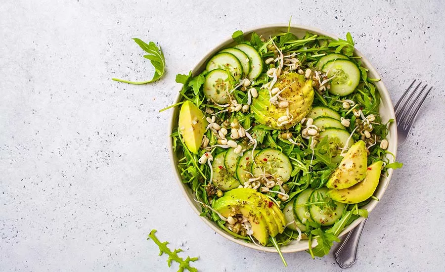 This dish is a fresh salad containing avocado slices, sliced cucumbers, and bean sprouts on a bed of greens. 
