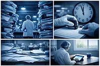 This image depicts a healthcare professional managing a large volume of paperwork and transitioning to a digital workflow. 