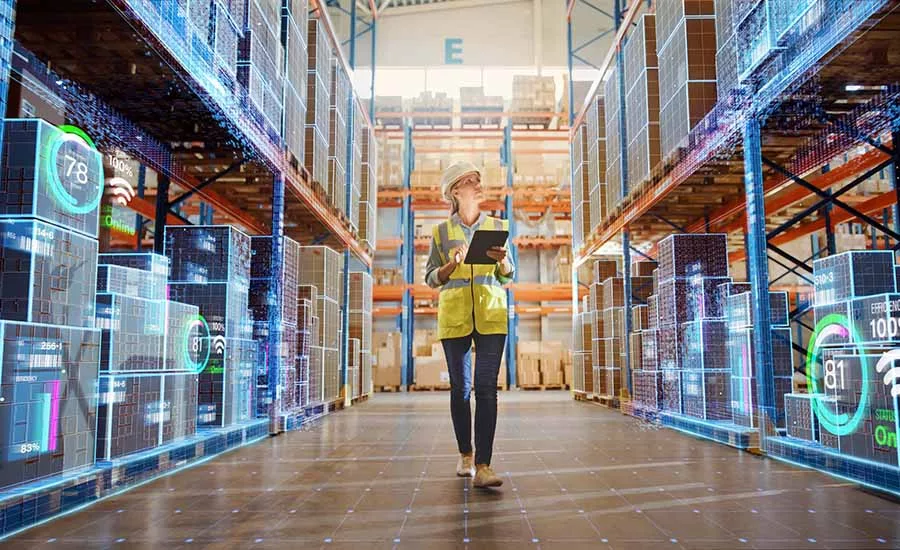 This image illustrates the concept of digital warehousing and the integration of artificial intelligence in supply chain management.