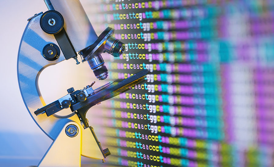 a conceptual stock photo representing bioinformatics, genomics, and DNA sequencing