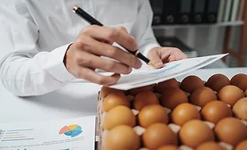 a quality control inspector or food safety technologist examining brown chicken eggs and reviewing production paperwork in a processing facility