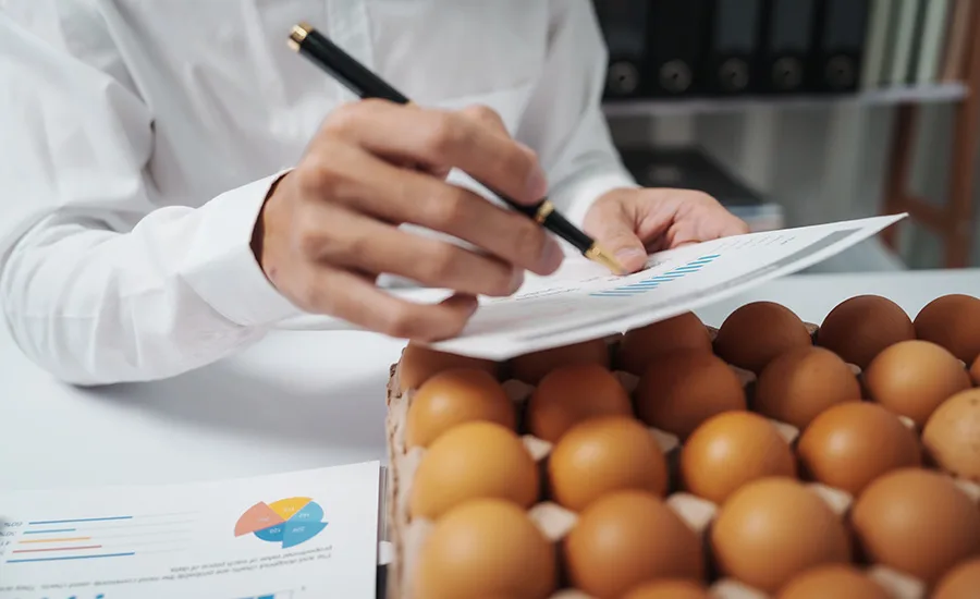 a quality control inspector or food safety technologist examining brown chicken eggs and reviewing production paperwork in a processing facility