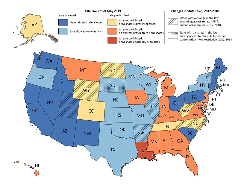 Map of U.S. state laws on the sale of unpasteurized cow's milk, 2012–2019