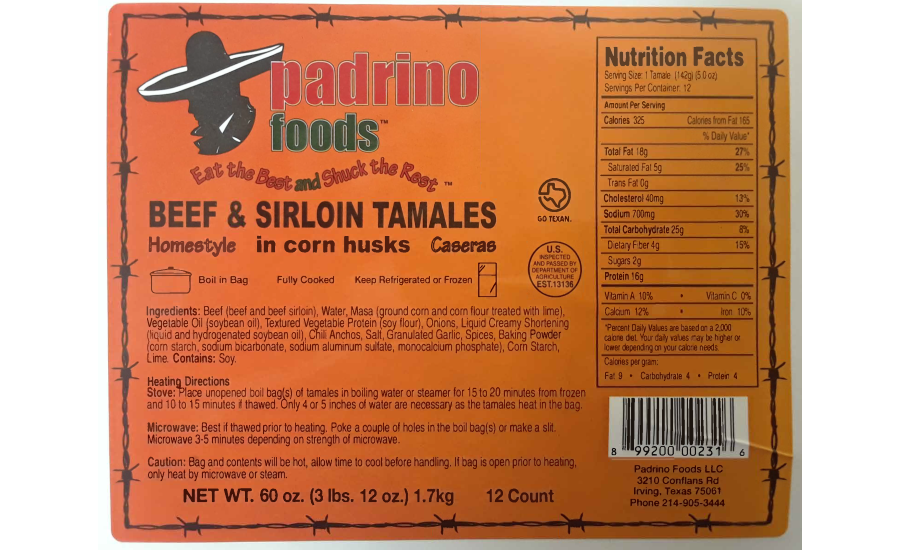 Padrino Foods, LLC Recalls Beef Tamales Products due to Mislabeling