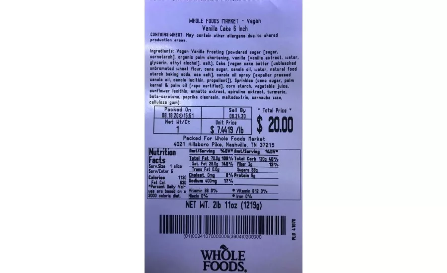 Allergy alert for undeclared soy (soy milk) in Vegan Vanilla Cake issued by Whole Foods Market stores in seven states