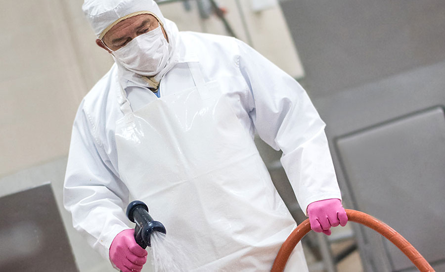 Meat/Poultry Plant Worker Sanitizes Equipment with Chemicals