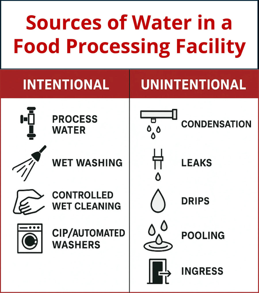 Intentional and unintentional sources of water in a food processing facility
