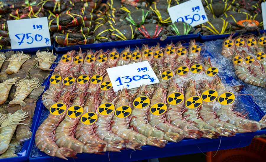 Display of raw shrimp with radioactive symbol