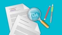 FDA logo under a cartoon magnifying glass next to cartoon report papers with Reagan Udall foundation logo