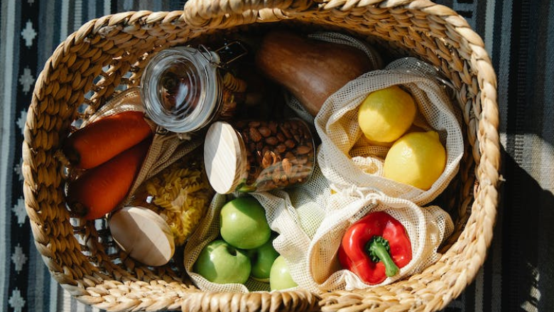 wicker basket containing an assortment of food