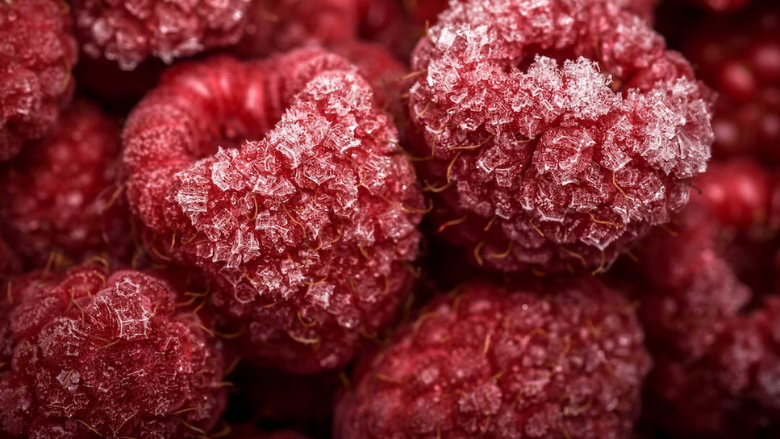 frozen raspberries up close