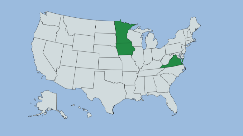 map with MN, IA, and VA highlighted in green