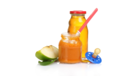 baby food jar, apple juice, apple slice, binky