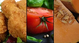 breaded chicken, tomato, and cantaloupe