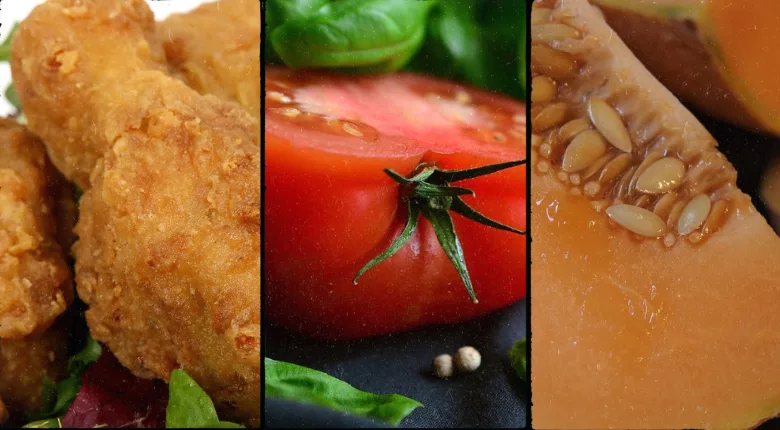 breaded chicken, tomato, and cantaloupe