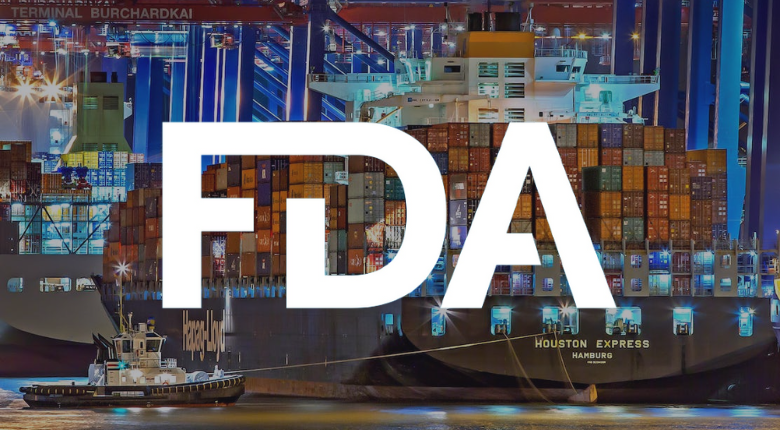 cargo ship at port FDA logo overlay