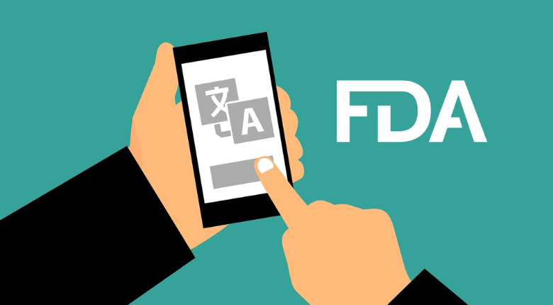 cartoon of person using translation service on a cell phone with FDA logo on the side