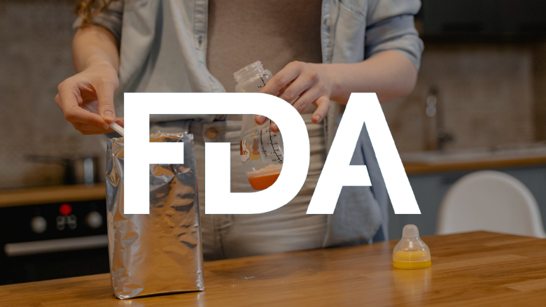 person filling baby bottle with powdered infant formula and fda logo overlay