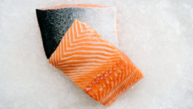 raw salmon filet on ice
