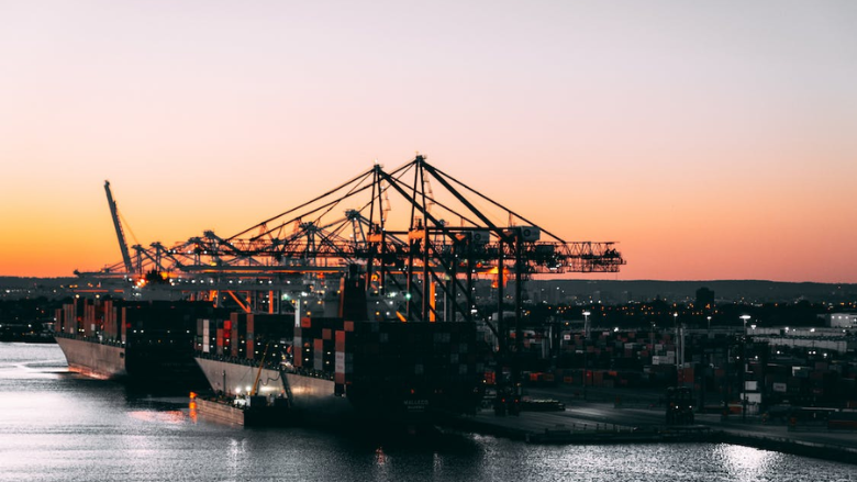 shipping port at sunset