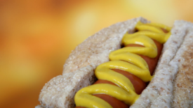close up hotdog with mustard