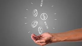 hand outstretched with illustrations of coins above it