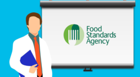 illustration of a person in a white coat with clipboard standing in front of presentation screen with UK FSA logo
